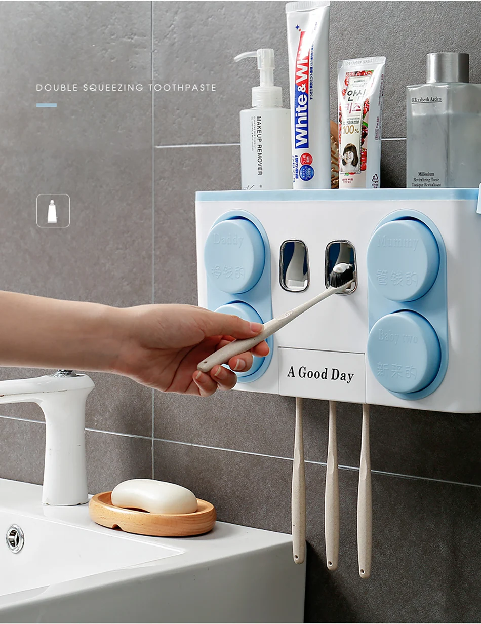 Wonderlife Bathroom Set Accessories Toothbrush Holder Automatic Toothpaste Dispenser Suction Cup Wall Mount Bathroom Storage Box
