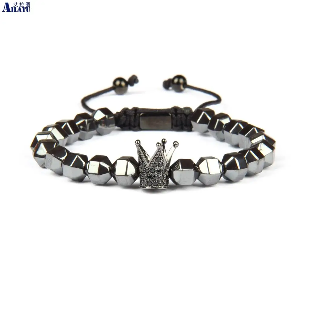 Ailatu Роскошный корона браслет черный гематит бусины макраме Pulseira Masculina ювелирные