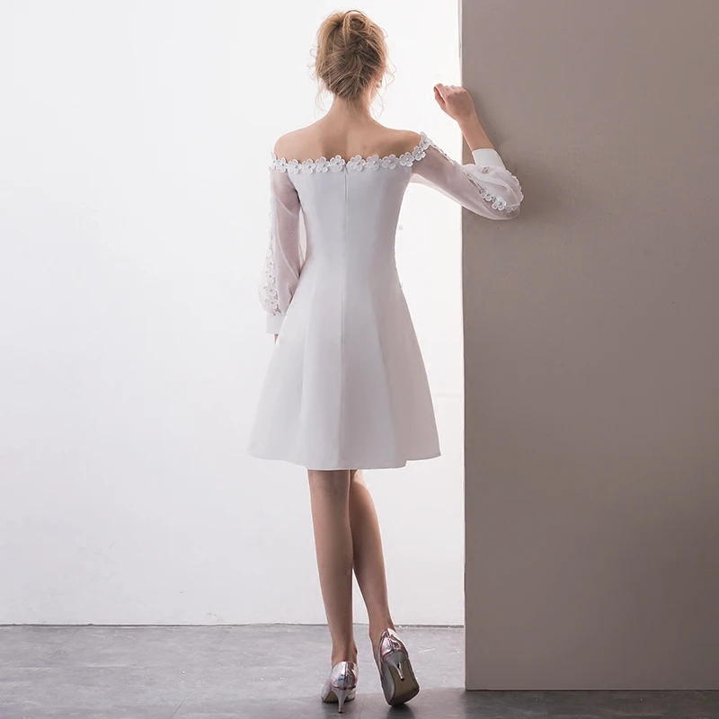 SSYFashion Новые короткие простые коктейльные платья белый вырез лодочкой с длинными