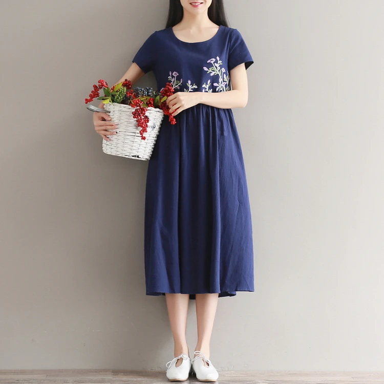 Летнее платье для женщин короткий рукав с цветочной вышивкой хлопковые и лен