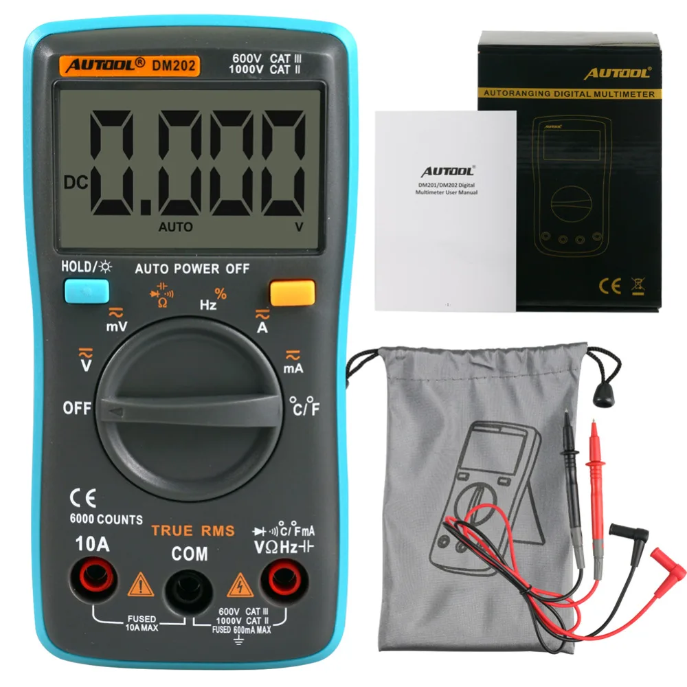 AUTOOL DM202 Portable Autoranging Digital Multimeter 6000 Counts Backlight AC/DC Ammeter Voltmeter Ohm Meter ZT102 | Автомобили и