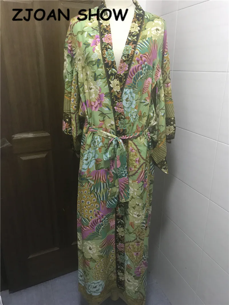 Женское кимоно с цветочным принтом длинная рубашка V образным вырезом и павлином
