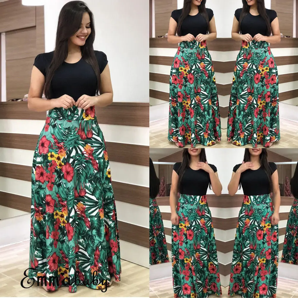 

Brand Women's Summer Short Sleeve Floral Patchwork Boho Long Maxi Dress Ladies Casual Sundress Clothes High Waist Dresses