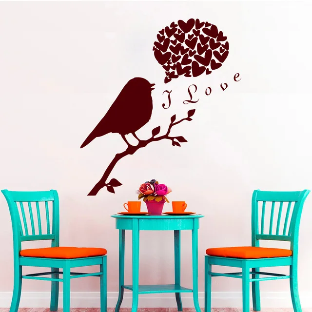 Милая птица на ветке дерева с надписью I Love|for home|birds birdswall decor birds |