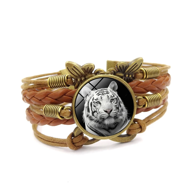 XUSHUI XJ Animal White Tiger Glass Cabochon Charm Bracelet Diy Jewelry Vintage Butterfly Multilayer Leather Women Men | Украшения и