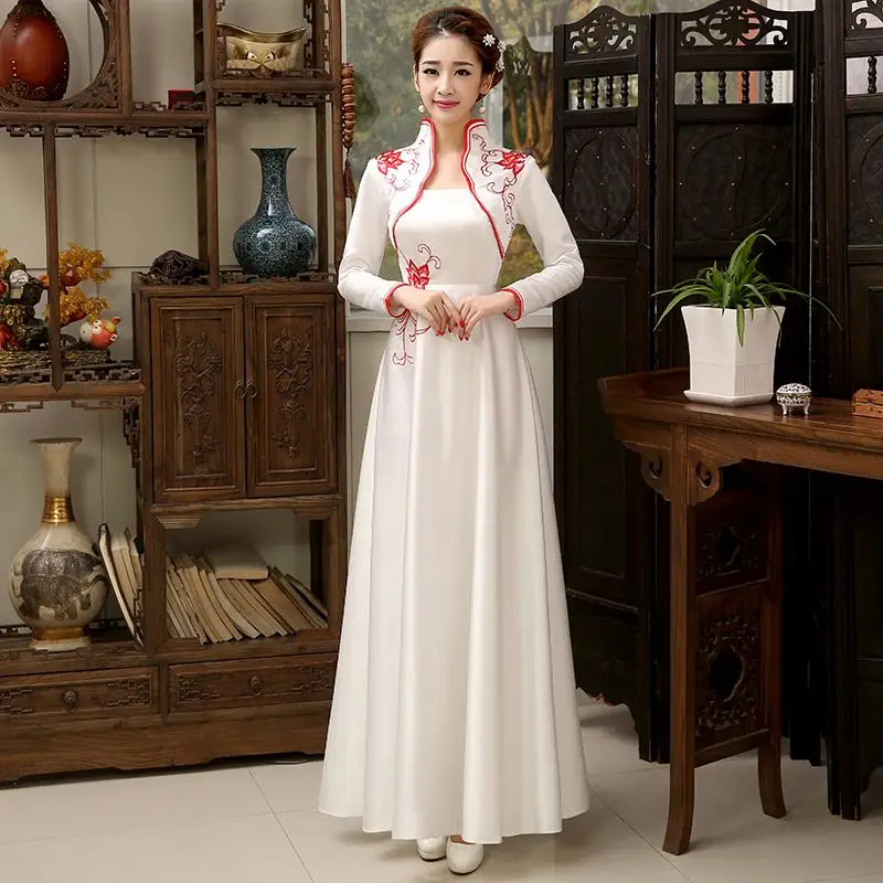Осень Зима Новое Женское вышитое цветочное атласное Cheongsam китайское свадебное платье с длинным рукавом вечернее Ципао вечерние платья - Цвет: White2