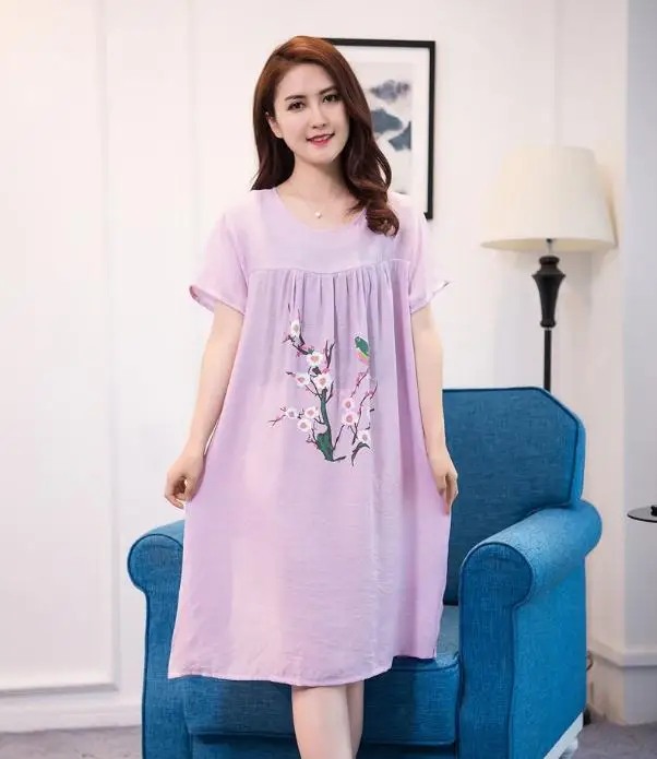 light purple 1 Летние новые женские пижамы с круглым вырезом удобные с короткими рукавами ночная рубашка Свободные хлопчатобумажные рубашки пижамы плюс размер - Цвет: light purple 1
