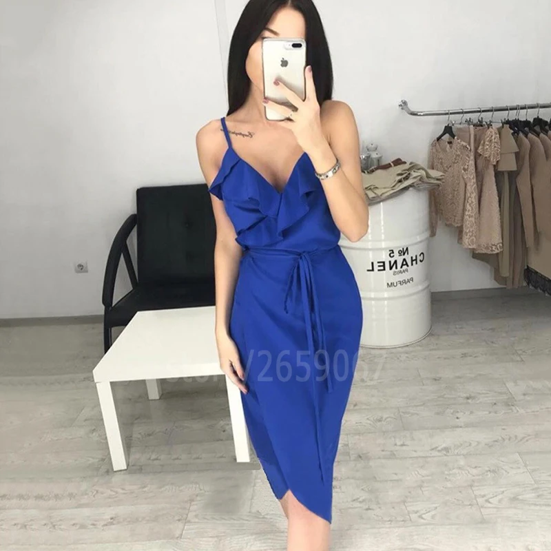 Новый сексуальный глубокий V шеи SummerDress Для женщин рюшами Асимметричный Спагетти