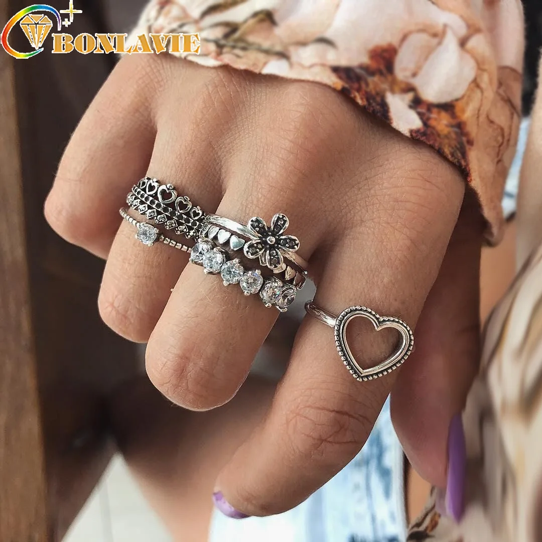 Набор колец в богемном стиле для женщин винтажные перстни форме сердца цветка с