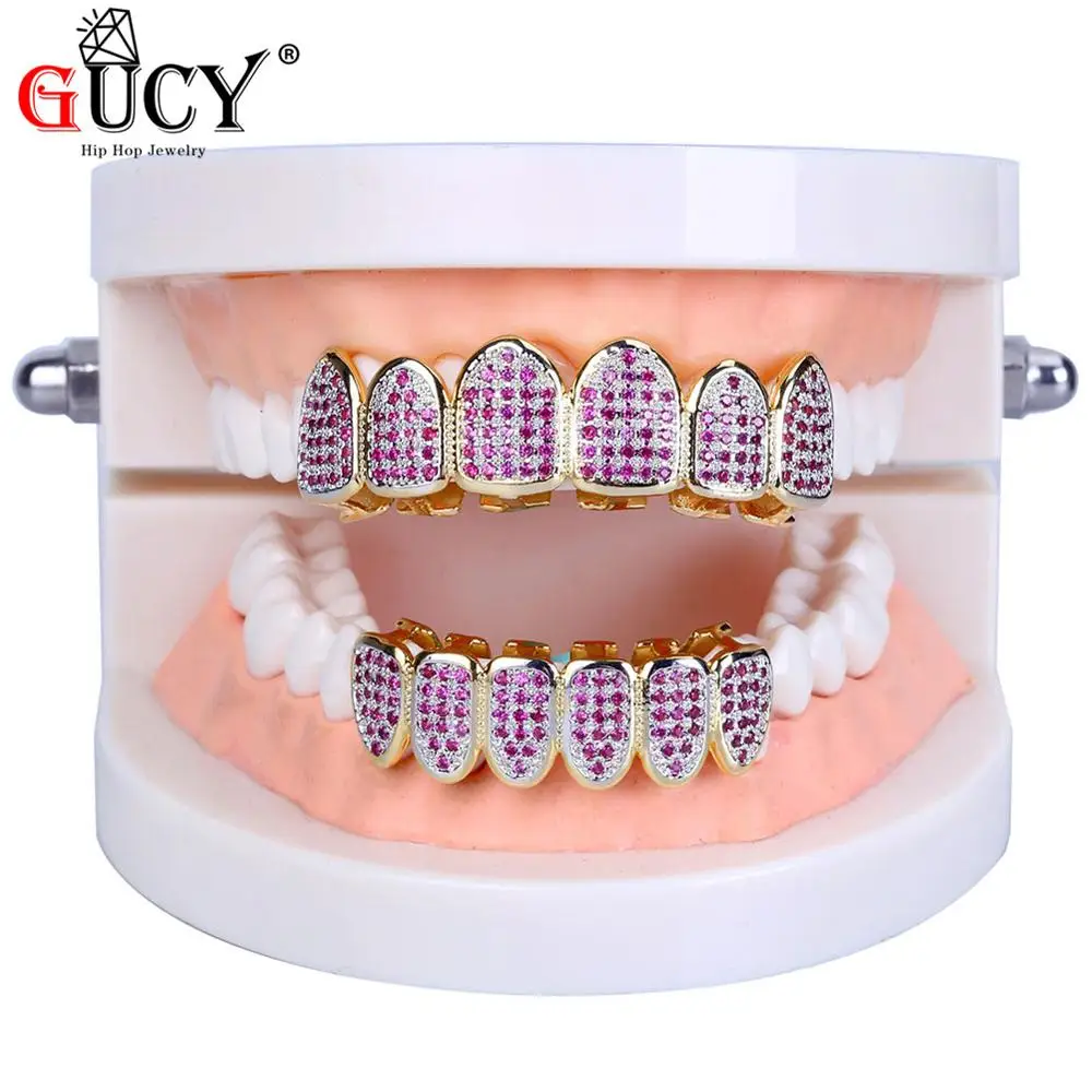 Gold Set GUCY Gold Hip Hop Teeth Grillz Micro Pave Fuchsia CZ Stone Iced Out Top&Bottom Grills Set Vampire Teeth Caps Mouth Jewelry Party - Окраска металла: Gold Set