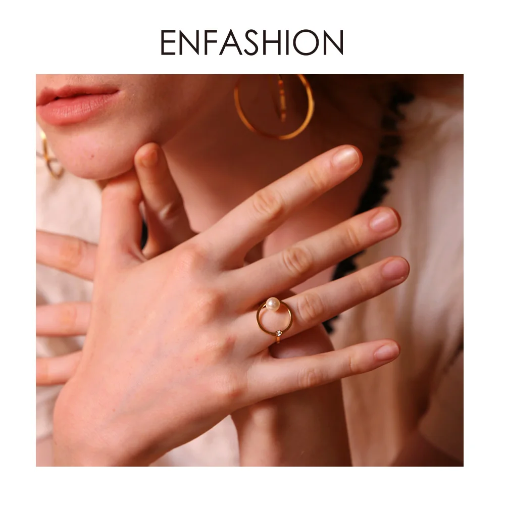 ENFASHION кольцо с жемчугом, Кристаллами, геометрическим узором, золотого цвета, из нержавеющей стали, милые кольца на палец для женщин, аксессуары, ювелирные изделия RB4009