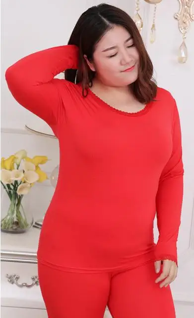 Jinsen Aite размера плюс 2X-6XL Новые Женские кальсоны из модала эластичное повседневное термобелье женский кружевной костюм с круглым вырезом JS93 - Цвет: Красный