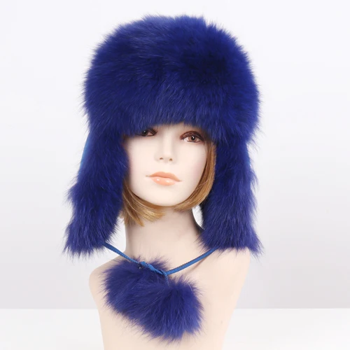 blue Новая стильная зимняя шапка из натурального Лисьего меха, женская шапка из натурального Лисьего меха, качественная теплая Русская Шапка-бомбер из натурального Лисьего меха s - Цвет: blue