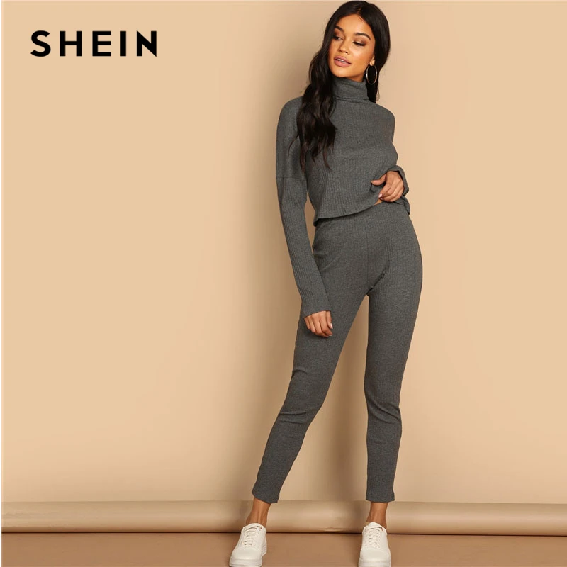 SHEIN Однотонный Трикотажный Костюм Топ с Длинными Рукавами И Брюки Стильный Комплект С Высоким Воротником