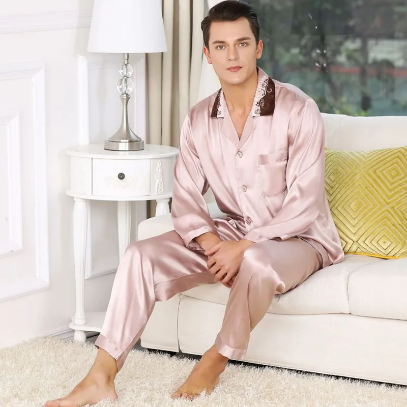 pajama set 6 Мужские пижамы шелковые атласные с длинными рукавами наборы удобное пальто+ брюки с эластичной талией роскошный Пижамный костюм с принтом мужской пижамный комплект - Цвет: pajama set 6