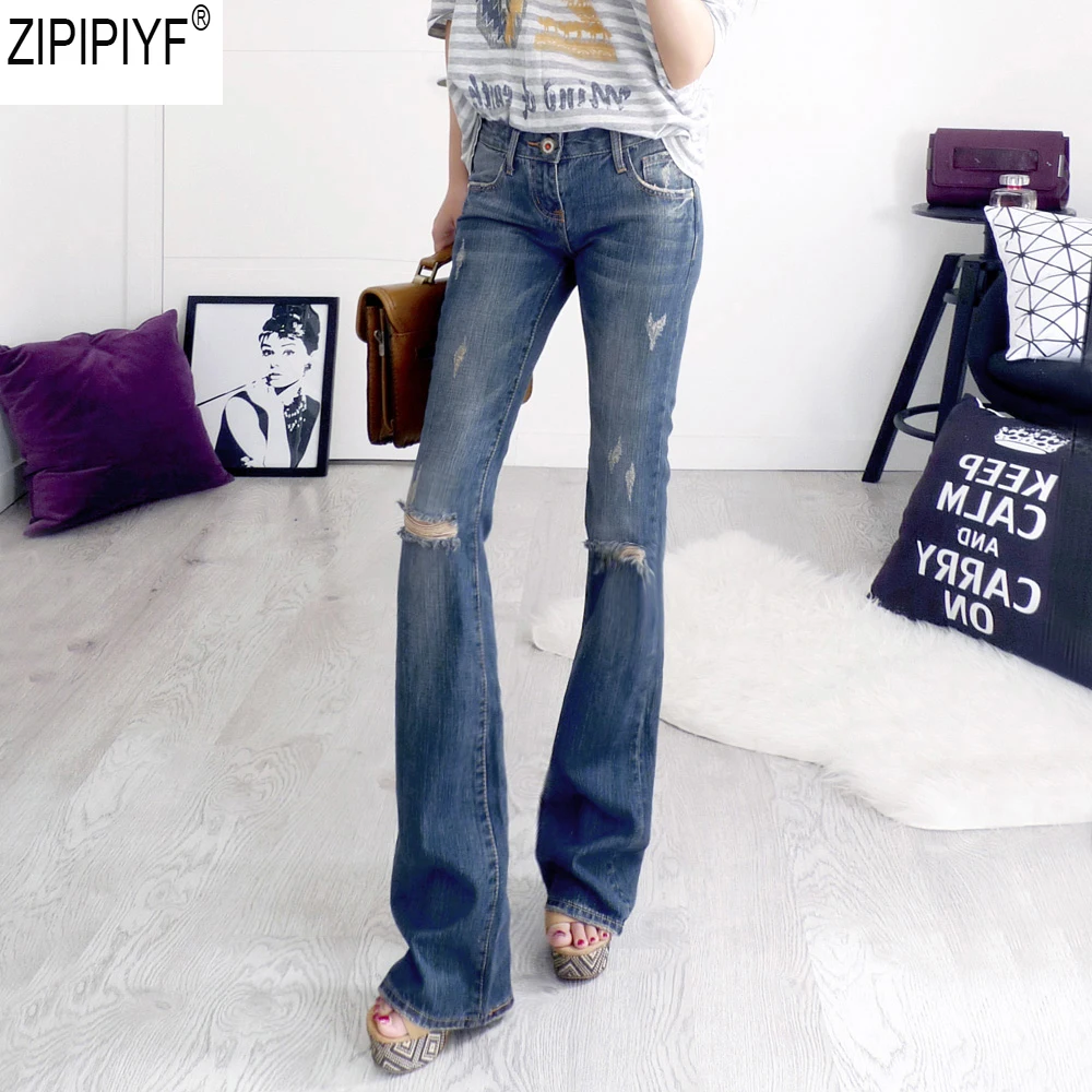 Plus Size Autumn With Low Waist Women Flare Jeans Bell Bottom Ripped For Streetwear Reglar Hole Denim C2003 |