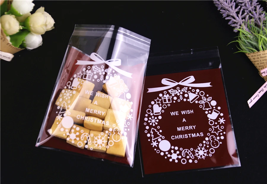 Дизайн 100 шт./лот 10x13 см Саше пластики bonbon с бантом самоклеющиеся Пластик Сумки Рождество упаковки конфет