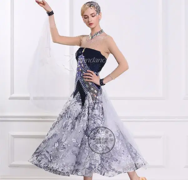 customized grey flower print ballroom dance dress adults women waltz dresses standard dr | Тематическая одежда и униформа
