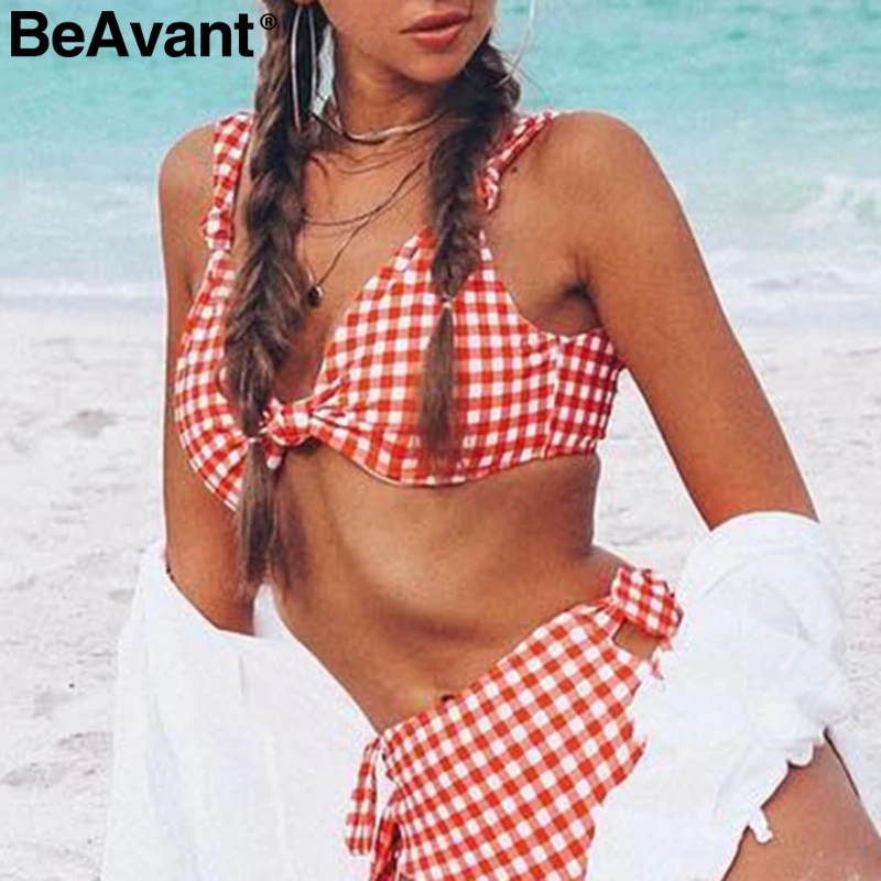 BeAvant винтажный клетчатый женский пикантный пляжный купальник с v образным