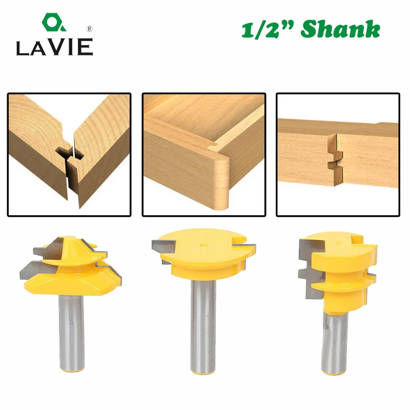 

LAVIE 3pcs 12mm 1/2" Shank Tenon Router Bits Set Drawer Molding 45 Degree Lock Miter Bit Glue Joint Wood Milling Cutter MC03130