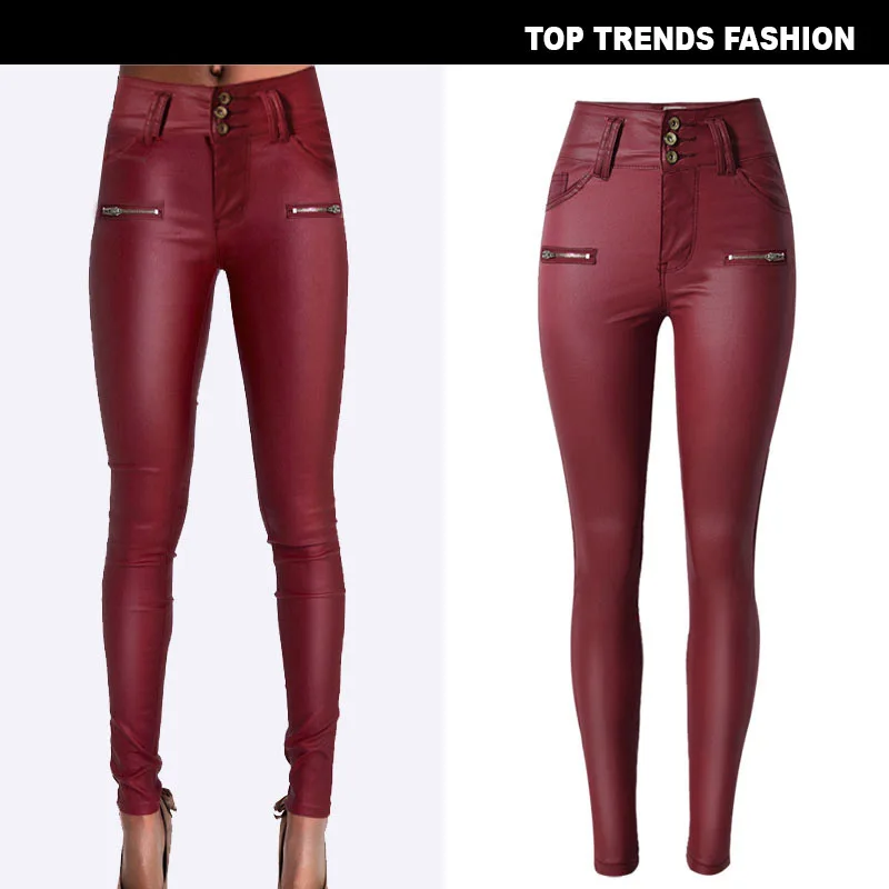 2019 High Waist Pants Wine Red PU Leather Skinny Pencil Full-Length Coated Stretchable Fashion Sexy Women |
