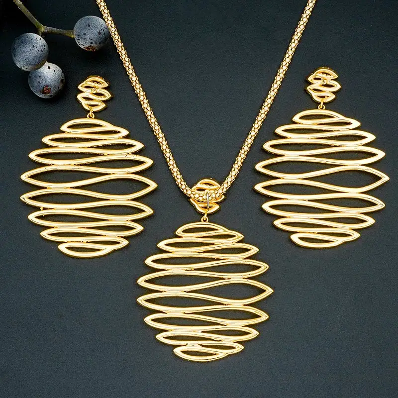 Новые Элегантные волнистые линии 3 тон медное колье подвеска и серьги набор Дубай