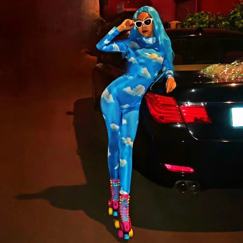 Синий Облегающий костюм с принтом Zentai боди сексуальный для леди вечерние Gogo DS Club