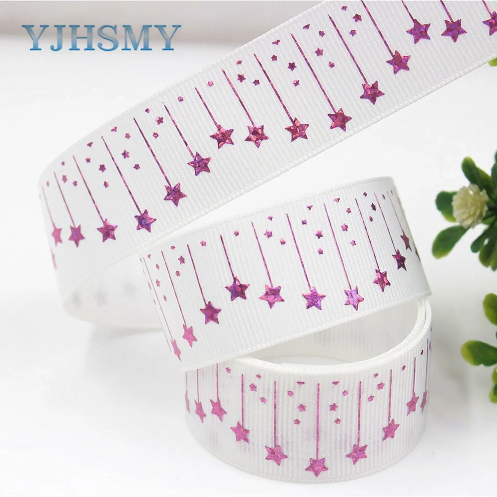 YJHSMY G-18609-399 25 мм 5 ярдов Лазерная Серебряная Звезда Любовь Печать grosgrain лента DIY