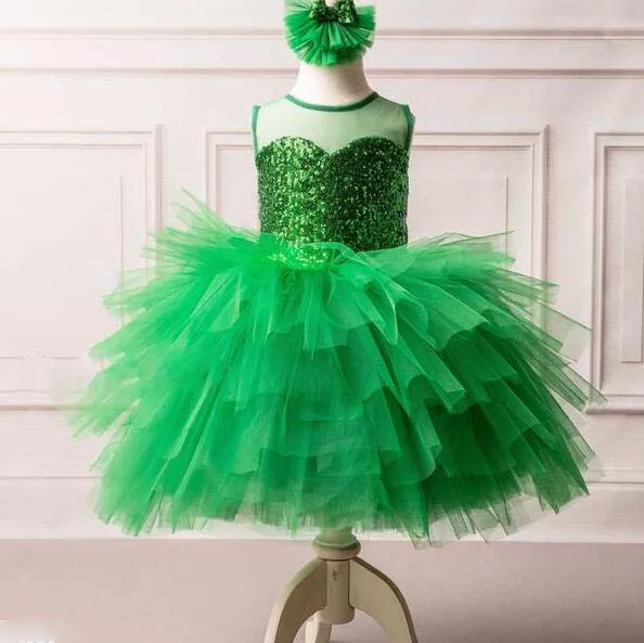 Sparkly green sequins bodice tiered tulle cupcake puffy ruffles girl kids celebration baby 1 year birthday party dress with bow | Детская
