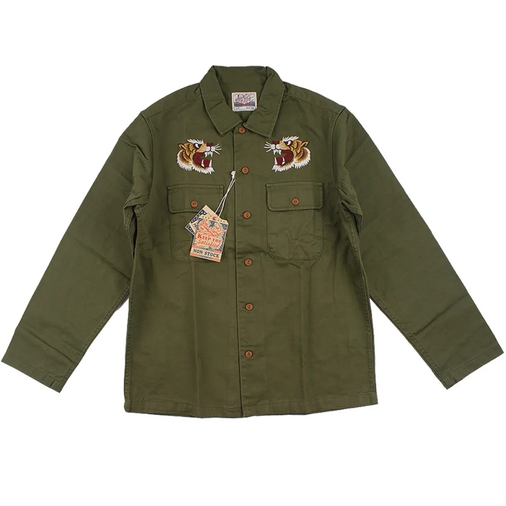 2018 осень зима холст тигр вышивка рубашка мужская карго Camisa Masculina Повседневная