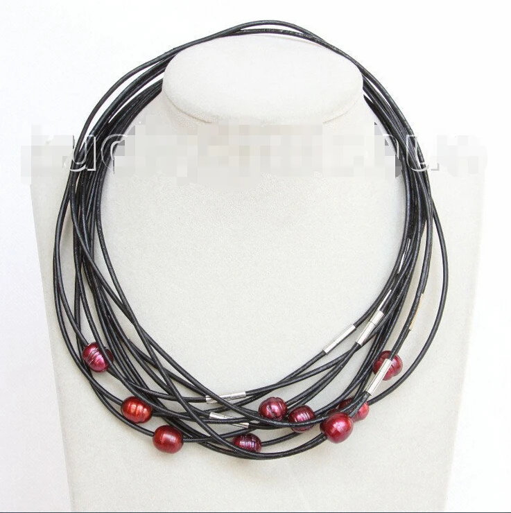 FREE shipping&gt &gt&gt&gtwholesale 10 piece 11mm wine red FW pearls Black leather necklace j10714 new | Украшения и аксессуары