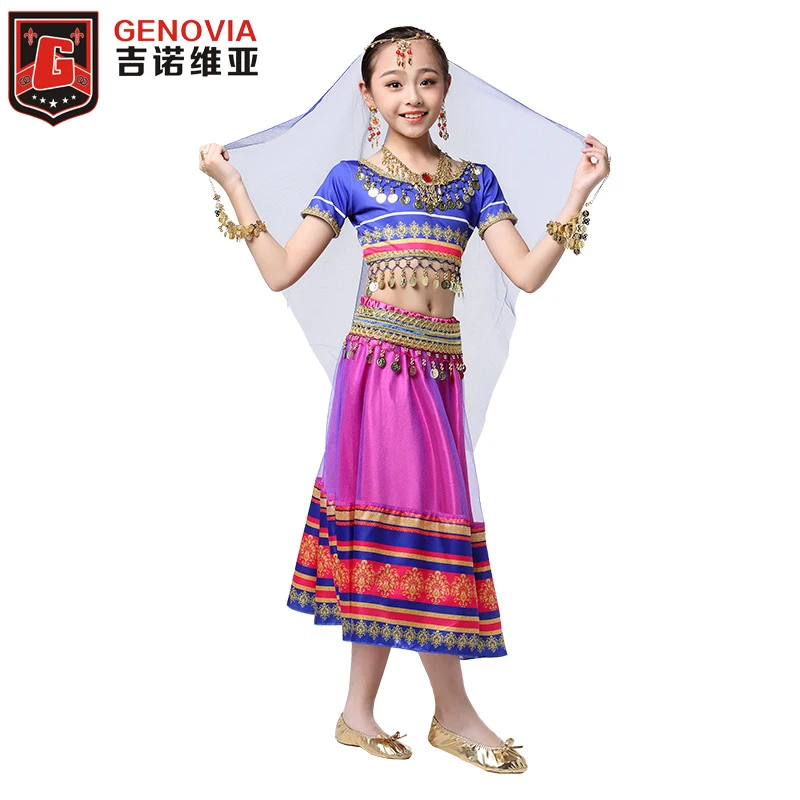 

Детский костюм для танца живота с ручной вышивкой, комплект для индийских танцев, топ + пояс + юбка + вуаль + головной убор, 5 шт./компл.