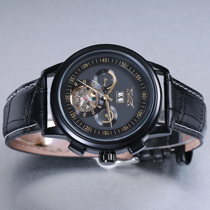 JARAGAR Skeleton Tourbillon Mechanical Watch Men Automatic Classic Rose Gold Leather Wrist Watches Reloj Hombre 2018 | Наручные часы