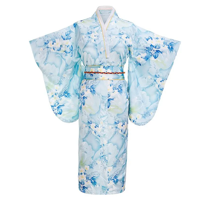 Light blue Fashion Japanese Women Tradition Yukata Silk Rayon Kimono With Obi Flower Vintage Cosplay Costume One size
