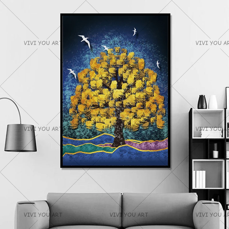 Висячие Картины Ручная роспись современное золотое дерево украшение картина