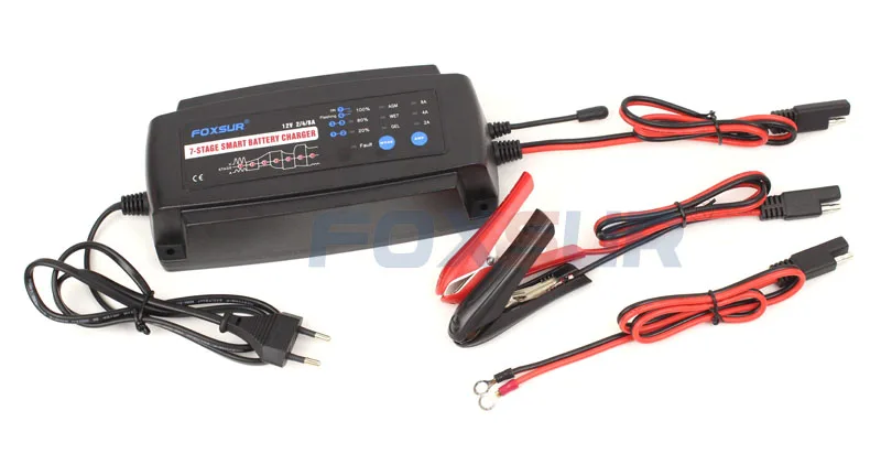 

FOXSUR 12V 2A 4A 8A 7-stage smart Battery Charger, GEL WET AGM Battery type, Car battery charger, 110V AC input