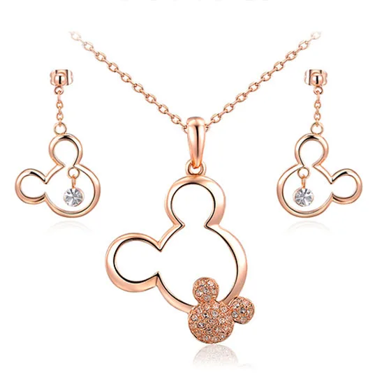 Rose Gold plated set Ювелирные наборы, Подарочная подвеска «Микки мауз», ожерелье, висячие серьги, австрийский кристалл, модное свадебное ожерелье, набор для женщин - Окраска металла: Rose Gold plated set
