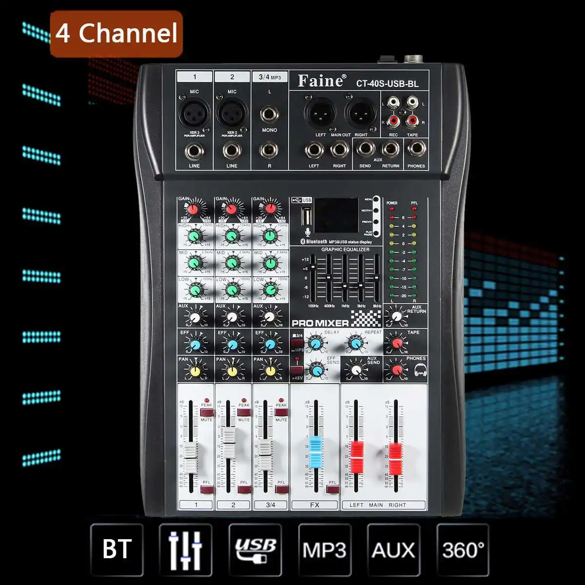 Faine 4 канала беспроводной bluetooth DJ аудио микшер контроллер DJ микшерный пульт музыка с USB светодиодный металлический экран профессиональный