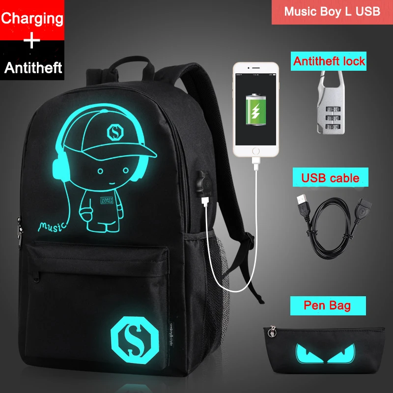 Drop Shipping Noctilucent Cartoon Teenager Backpack School Bags for boy Night Lighting Bags with free USB+Pen Bag+Antitheft Lock