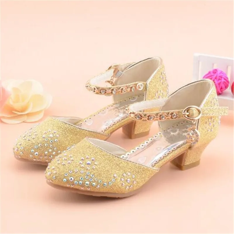 

New Spring Children Leather Shoes Girls Rhinestone Silver High-heeled Shoes Princess Baby Toddler Student Kids Dance Shoes 04