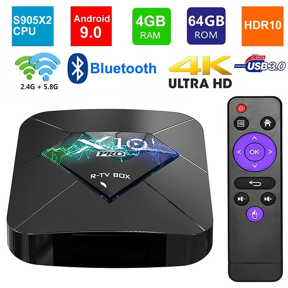 X10 PRO Smart tv BOX Android 9,0 четырехъядерный процессор Amlogic S905X2 4 Гб ОЗУ 64 Гб ПЗУ 2,4G/5G двойной wifi USB3.0 BT4.0 3D 4K HDR телеприставка