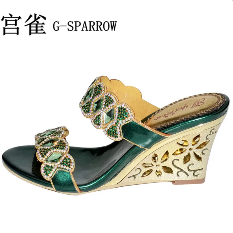 

Sexy Diamond Wedges Sandal Pumps,plus size shoes woman Fashion Diamond 8cm Wedges slipper heels women shoes summer sandal, 34-44