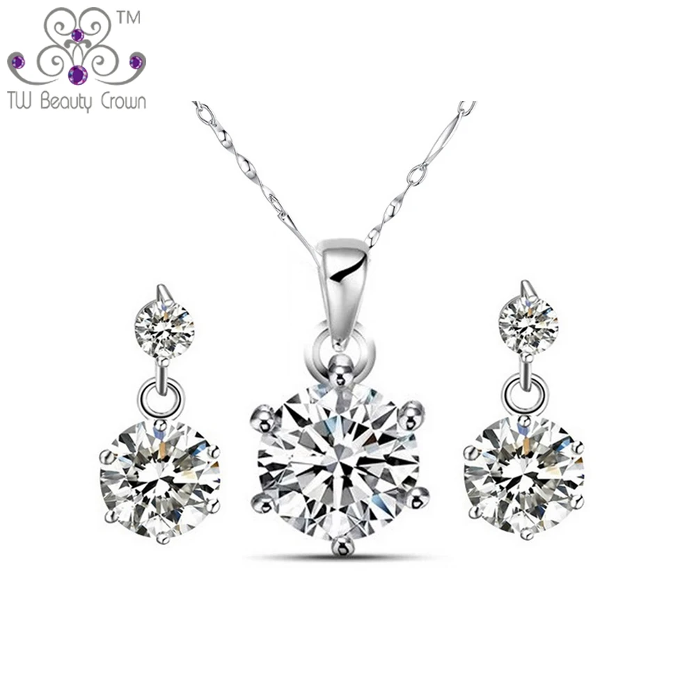 

1 Set Real 925 Pure Sterling Silver 0.75 Carat White Cubic Zirconia Necklace Earrings Bridal Jewelry Sets For Women Female