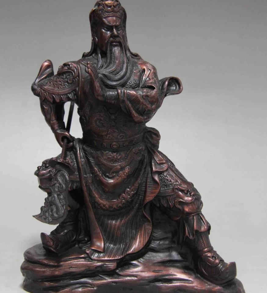 Китайская народная статуя Гуань Гонг Гуй Юй из красной меди и бронзы Будды воина