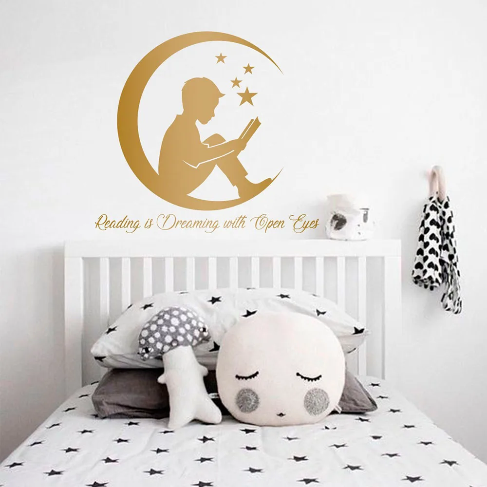 

Boy Reading Books Wall Art Stickers Bedroom Book Lover Quote Vinyl Decals Mural Moon Stars Sticker Classroom School Decor A23