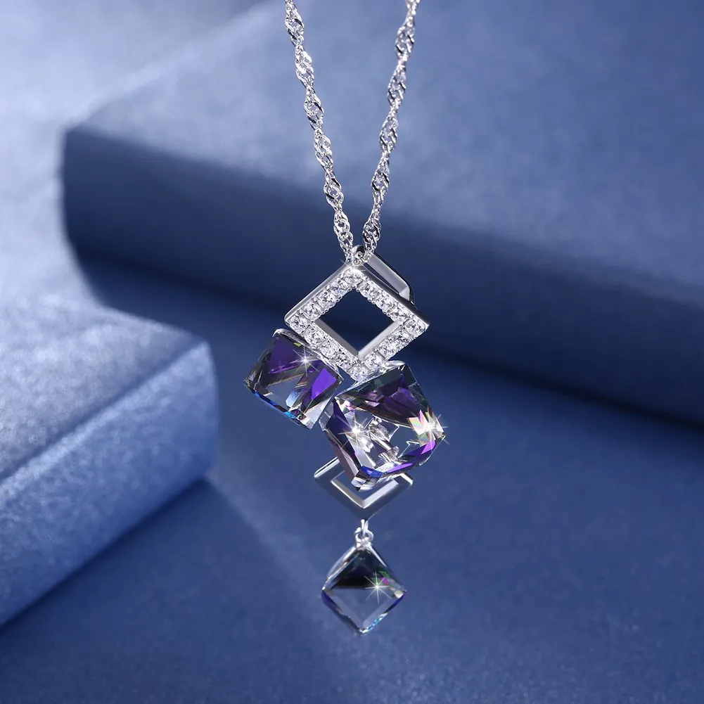 LEKANI кристаллами от Swarovski Фиолетовый Кристалл Ромб квадратный кулон ожерелье