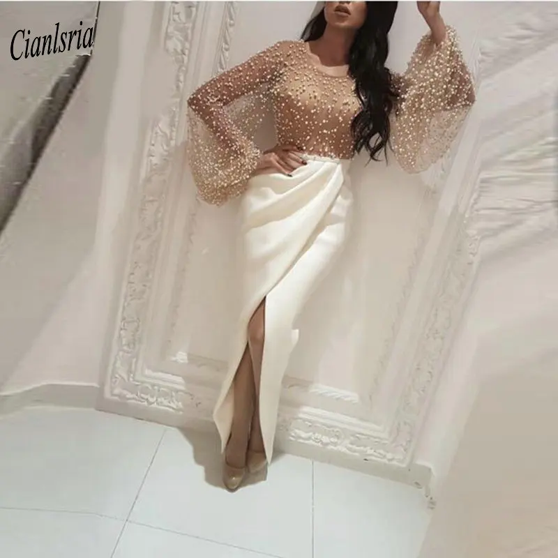 

Luxurious Pearls Muslim Mermaid Evening Dress 2020 Long Sleeve Front Split Islamic Dubai Saudi Arabic Evening Party Dresses