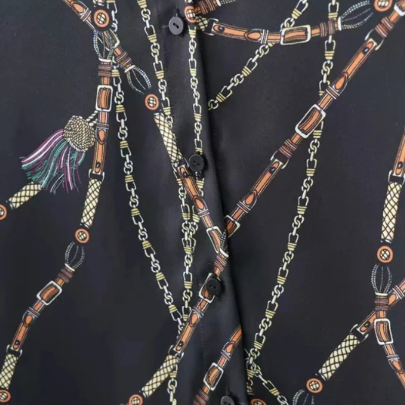 Женская блуза с отложным воротником длинным рукавом и принтом цепей|Рубашки| |