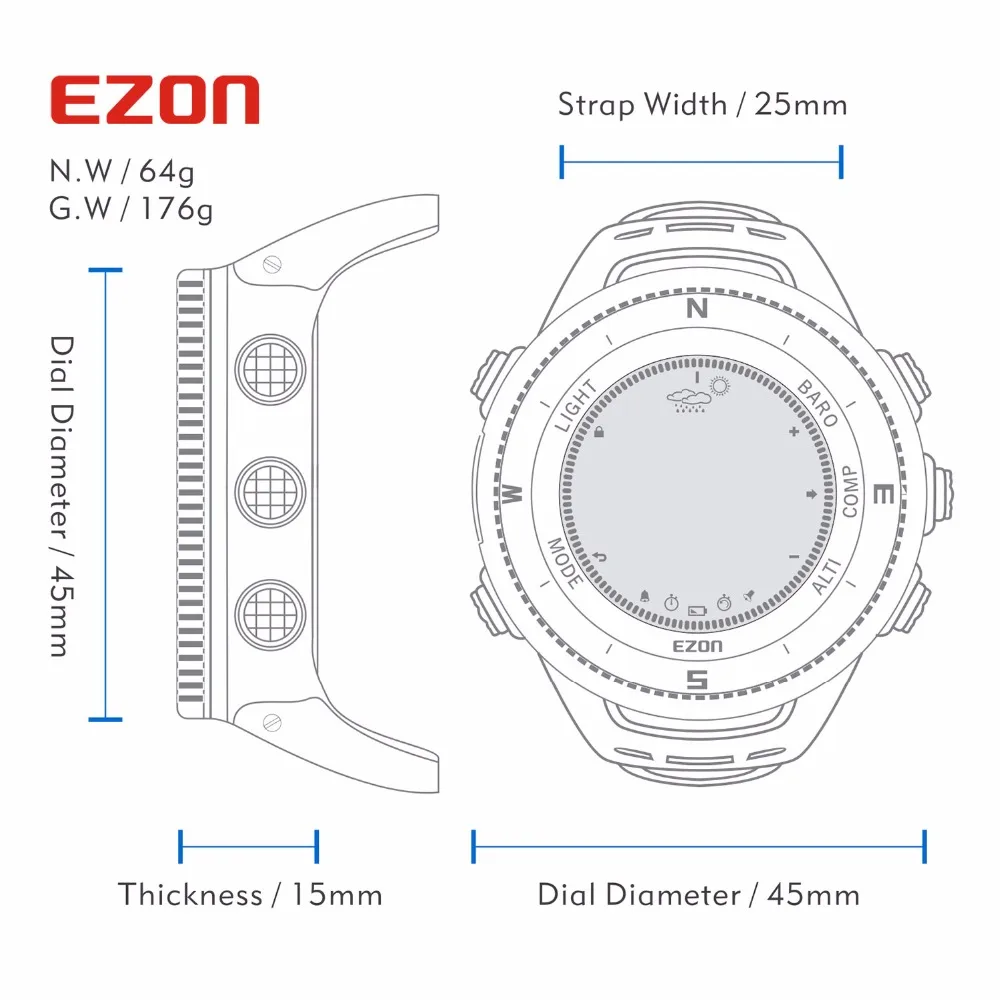 EZON Мужские Цифровые уличные спортивные часы женские многофункциональные высота барометр компас для пешего туризма водонепроницаемый