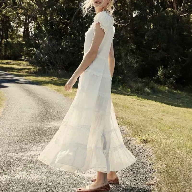 Французское белое кружевное Лоскутное Платье макси с v-образным вырезом женские